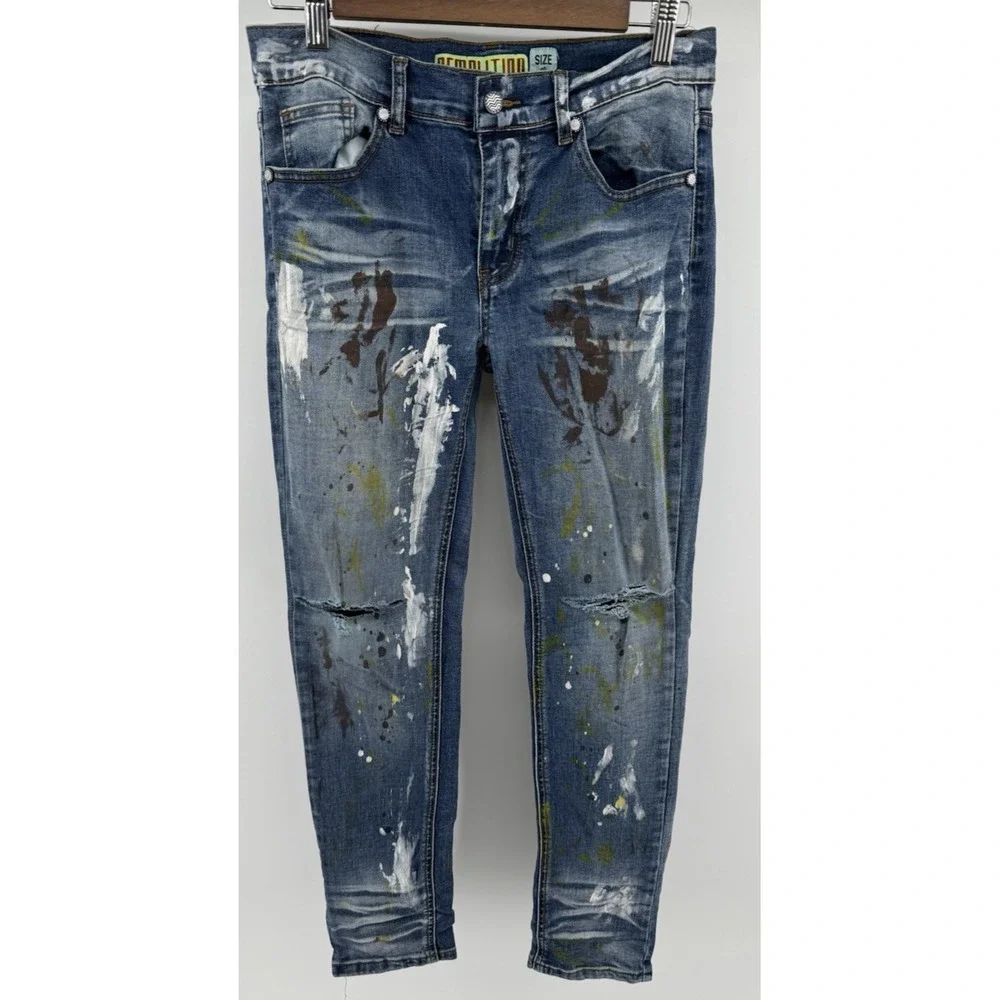 Demolition Kids Size 18 Blue Distressed Paint Splatter Skinny Jeans Streetwear